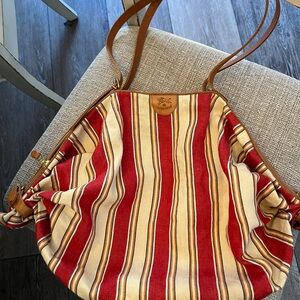 IL BISONTE Stripe Red & White Canvas & Tan Leather VERSILLIA Tote Bag
